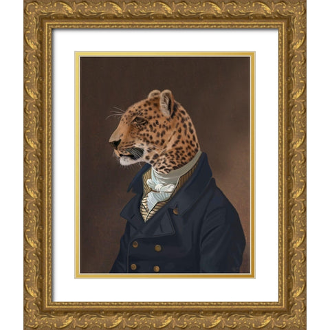 Leopard in Blue Jacket Gold Ornate Wood Framed Art Print with Double Matting by Fab Funky
