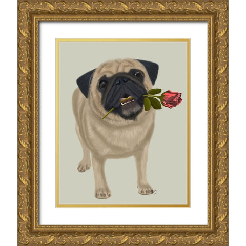 Pug and Rose Gold Ornate Wood Framed Art Print with Double Matting by Fab Funky