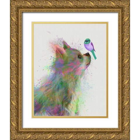 Chihuahua, Long Haired, Rainbow Splash Gold Ornate Wood Framed Art Print with Double Matting by Fab Funky