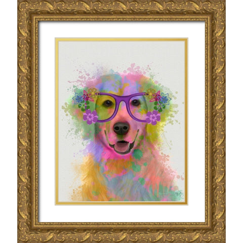 Golden Retriever Rainbow Splash Gold Ornate Wood Framed Art Print with Double Matting by Fab Funky