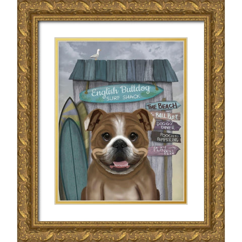 English Bulldog Surf Shack Gold Ornate Wood Framed Art Print with Double Matting by Fab Funky