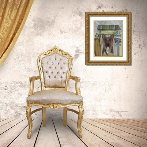 German Shepherd Surf Shack Gold Ornate Wood Framed Art Print with Double Matting by Fab Funky