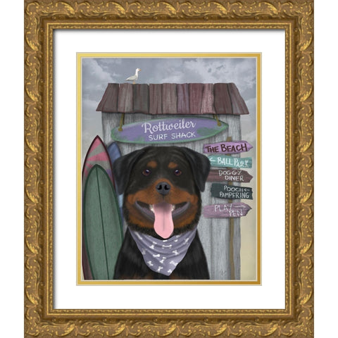 Rottweiller Surf Shack Gold Ornate Wood Framed Art Print with Double Matting by Fab Funky