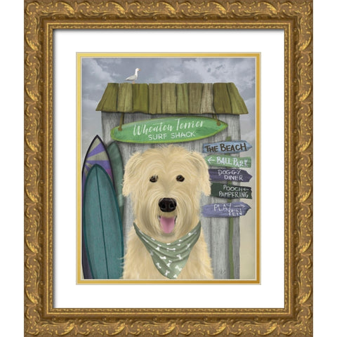 Wheaten Terrier Surf Shack Gold Ornate Wood Framed Art Print with Double Matting by Fab Funky