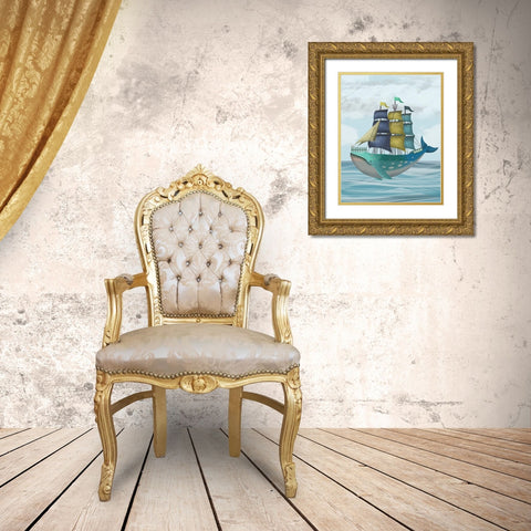 Whale Ship Gold Ornate Wood Framed Art Print with Double Matting by Fab Funky