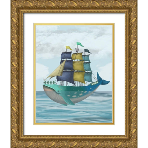 Whale Ship Gold Ornate Wood Framed Art Print with Double Matting by Fab Funky