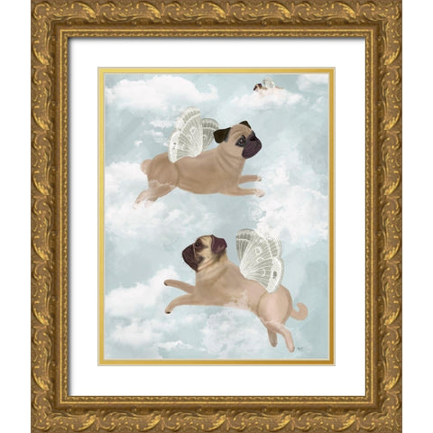 Flying Pugs Gold Ornate Wood Framed Art Print with Double Matting by Fab Funky