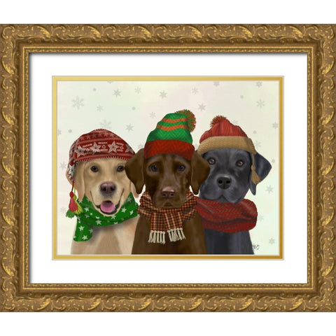 Christmas 3 Winter Labs Gold Ornate Wood Framed Art Print with Double Matting by Fab Funky