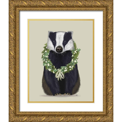 Christmas Badger and Sage Wreath Gold Ornate Wood Framed Art Print with Double Matting by Fab Funky