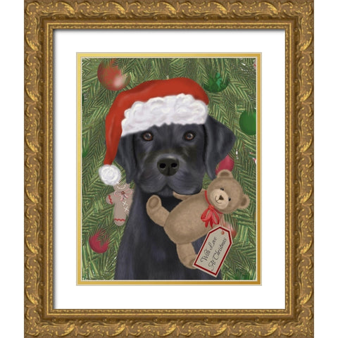 Christmas Black Labrador and Teddy Gold Ornate Wood Framed Art Print with Double Matting by Fab Funky
