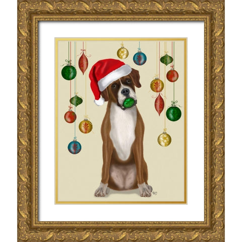 Christmas Boxer and Bauble Ball Gold Ornate Wood Framed Art Print with Double Matting by Fab Funky