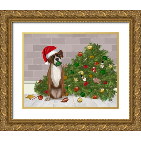 Christmas Boxer and Broken Christmas Tree Gold Ornate Wood Framed Art Print with Double Matting by Fab Funky