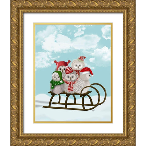 Christmas Christmas Owl Sled Gold Ornate Wood Framed Art Print with Double Matting by Fab Funky