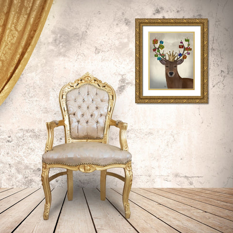 Christmas Gift Bearing Deer Gold Ornate Wood Framed Art Print with Double Matting by Fab Funky