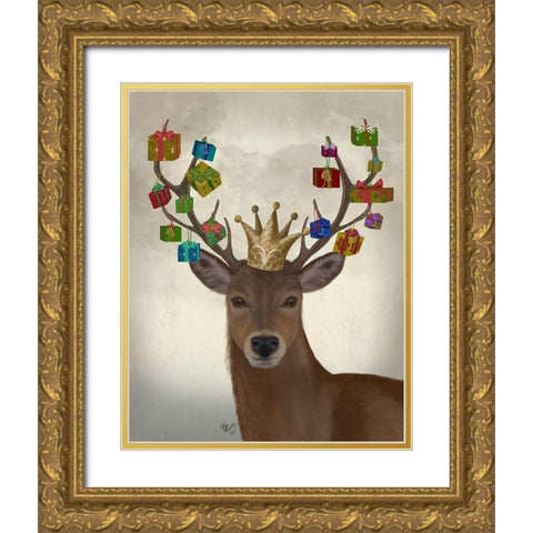Christmas Gift Bearing Deer Gold Ornate Wood Framed Art Print with Double Matting by Fab Funky