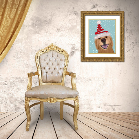 Christmas Golden Retriever and Spring Santa Hat Gold Ornate Wood Framed Art Print with Double Matting by Fab Funky
