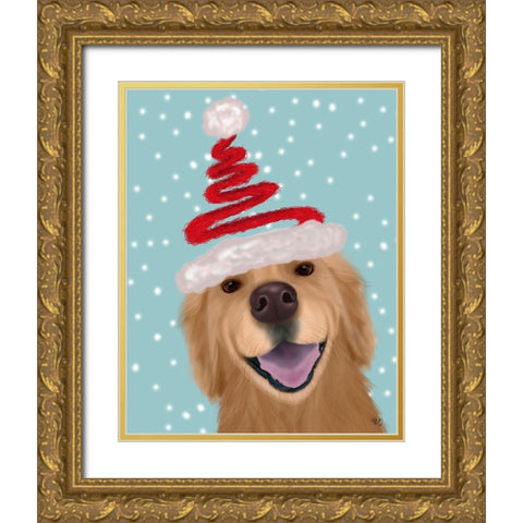 Christmas Golden Retriever and Spring Santa Hat Gold Ornate Wood Framed Art Print with Double Matting by Fab Funky