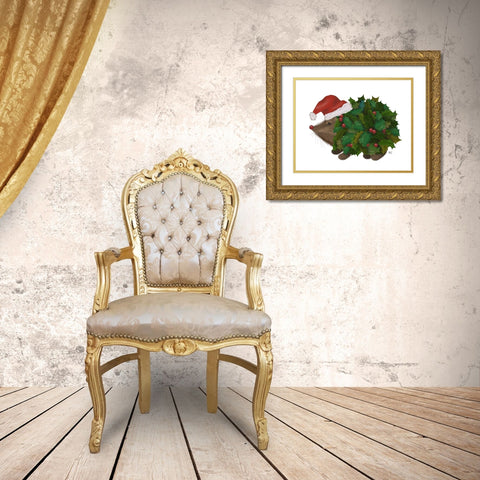 Christmas Holly Hedgehog Gold Ornate Wood Framed Art Print with Double Matting by Fab Funky