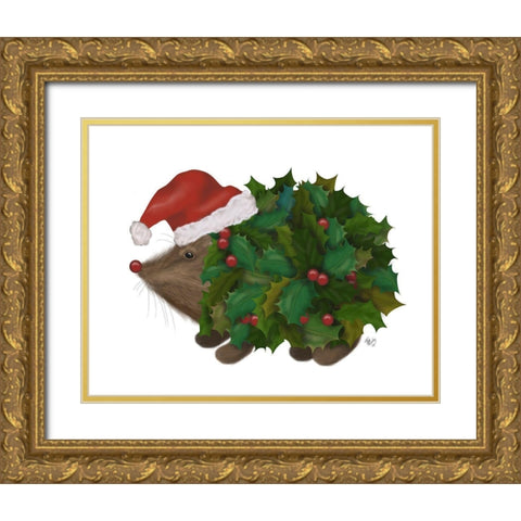 Christmas Holly Hedgehog Gold Ornate Wood Framed Art Print with Double Matting by Fab Funky