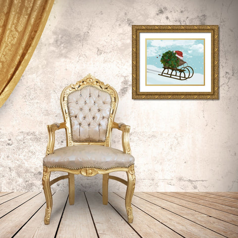 Christmas Holly Hedgehog Sledding Gold Ornate Wood Framed Art Print with Double Matting by Fab Funky