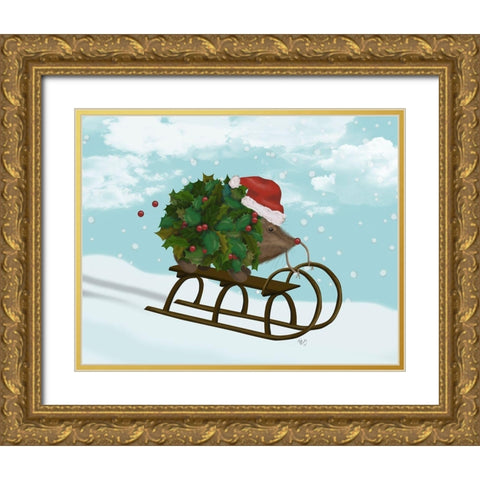 Christmas Holly Hedgehog Sledding Gold Ornate Wood Framed Art Print with Double Matting by Fab Funky