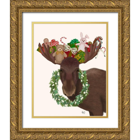 Christmas Moose and Christmas Gifts Gold Ornate Wood Framed Art Print with Double Matting by Fab Funky