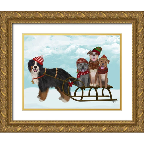 Christmas Mutt Sled Gold Ornate Wood Framed Art Print with Double Matting by Fab Funky