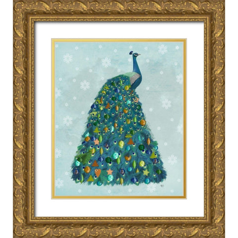 Christmas Peacock Christmas Tree Gold Ornate Wood Framed Art Print with Double Matting by Fab Funky