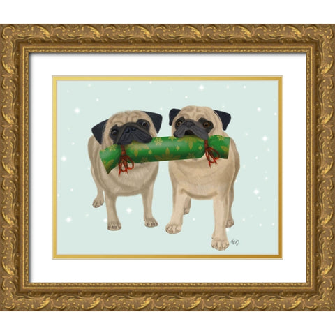 Christmas Pug Pair and Cracker Gold Ornate Wood Framed Art Print with Double Matting by Fab Funky