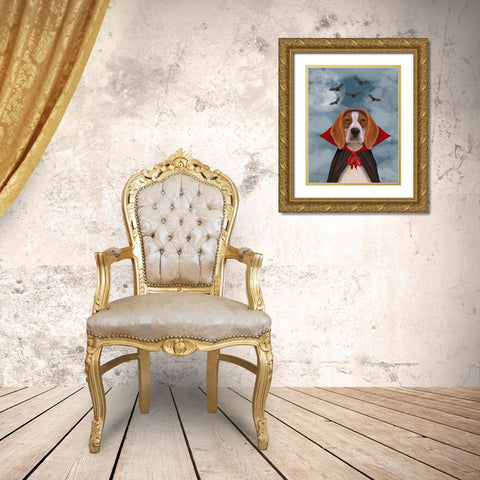 Halloween Beagle and Bats Gold Ornate Wood Framed Art Print with Double Matting by Fab Funky