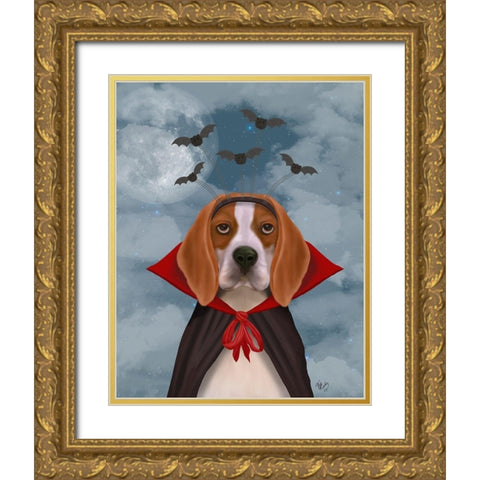Halloween Beagle and Bats Gold Ornate Wood Framed Art Print with Double Matting by Fab Funky