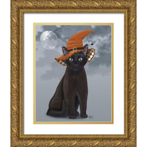 Halloween Black Cat in Witches Hat Gold Ornate Wood Framed Art Print with Double Matting by Fab Funky