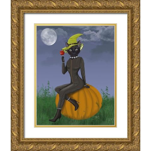 Halloween Cat and Toffee Apple Gold Ornate Wood Framed Art Print with Double Matting by Fab Funky