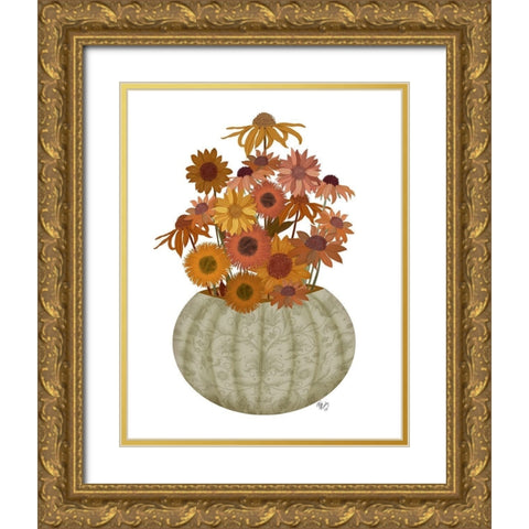 Halloween Pumpkin Flowers Gold Ornate Wood Framed Art Print with Double Matting by Fab Funky