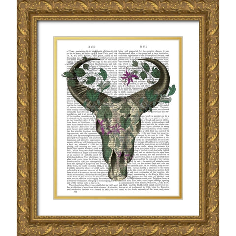 Cow Skull and Passion Flowers Gold Ornate Wood Framed Art Print with Double Matting by Fab Funky