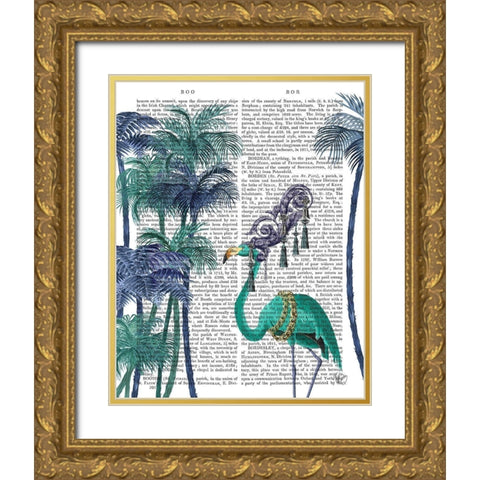 Green Flamingo Palm Trees Gold Ornate Wood Framed Art Print with Double Matting by Fab Funky