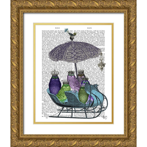Owl Sled Gold Ornate Wood Framed Art Print with Double Matting by Fab Funky