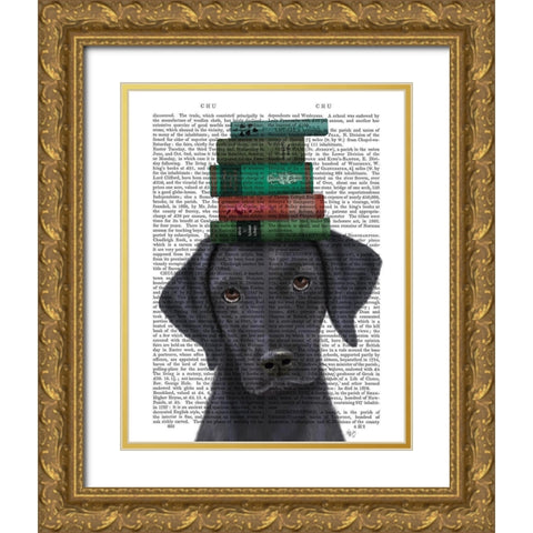 Black Labrador and Books Gold Ornate Wood Framed Art Print with Double Matting by Fab Funky
