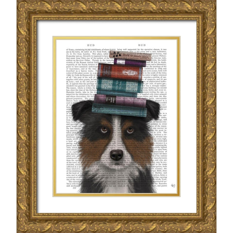 Border Collie, Tricolour, and Books Gold Ornate Wood Framed Art Print with Double Matting by Fab Funky