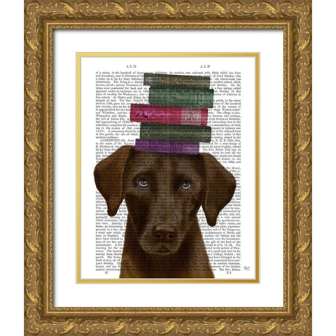 Brown Labrador and Books Gold Ornate Wood Framed Art Print with Double Matting by Fab Funky