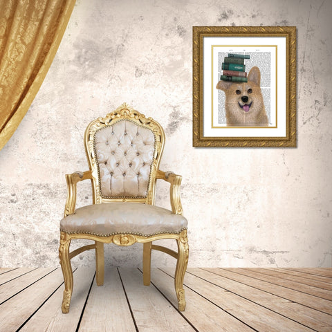 Corgi and Books Gold Ornate Wood Framed Art Print with Double Matting by Fab Funky