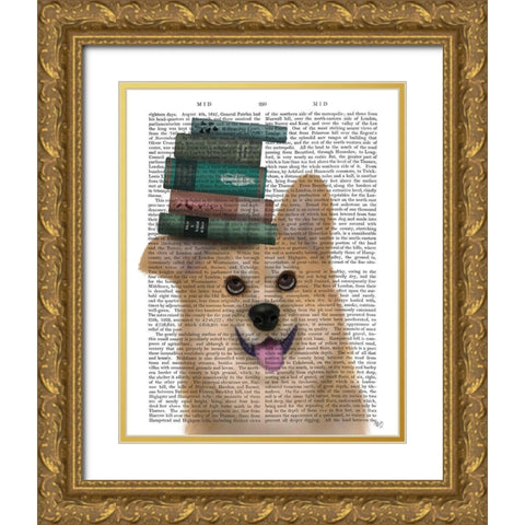 Corgi and Books Gold Ornate Wood Framed Art Print with Double Matting by Fab Funky