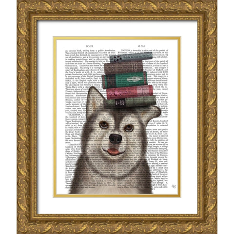 Husky and Books Gold Ornate Wood Framed Art Print with Double Matting by Fab Funky