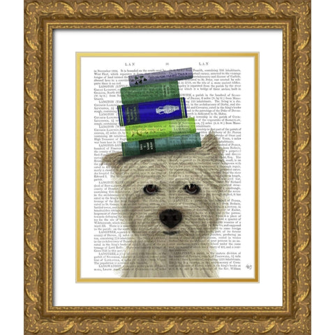 Westie and Books Gold Ornate Wood Framed Art Print with Double Matting by Fab Funky