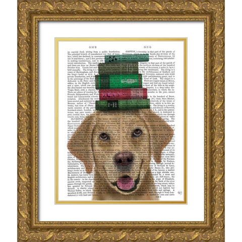 Yellow Labrador and Books Gold Ornate Wood Framed Art Print with Double Matting by Fab Funky