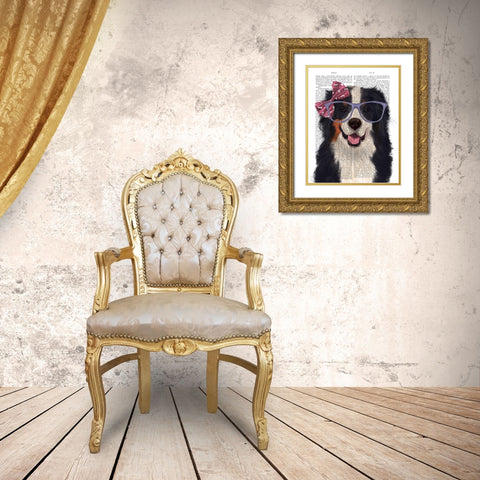 Bernese with Glasses and Bow Gold Ornate Wood Framed Art Print with Double Matting by Fab Funky