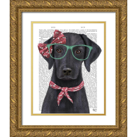 Black Labrador with Glasses and Scarf Gold Ornate Wood Framed Art Print with Double Matting by Fab Funky
