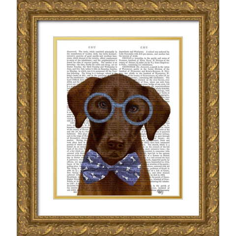 Chocolate Labrador with Glasses and Bow Tie Gold Ornate Wood Framed Art Print with Double Matting by Fab Funky