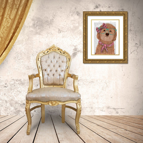 Cockerpoo, Apricot, with Glasses and Scarf Gold Ornate Wood Framed Art Print with Double Matting by Fab Funky
