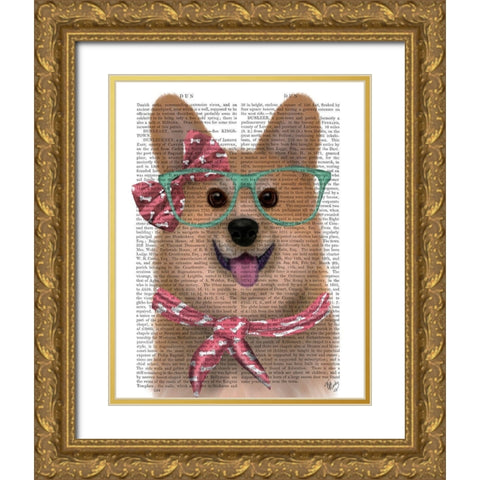 Corgi with Glasses and Scarf Gold Ornate Wood Framed Art Print with Double Matting by Fab Funky